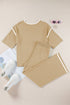 Contrast Trim Textured Knit Half Sleeve Drop Shoulder Drawstring Waist Wide Leg Two Piece Pant Set